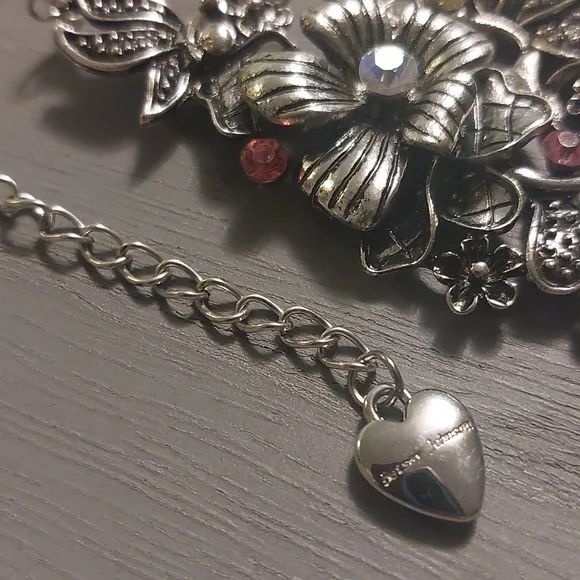 Betsey Johnson Silvertone Floral Multi Color Rhinestone Necklace 18" - Picture 7 of 17